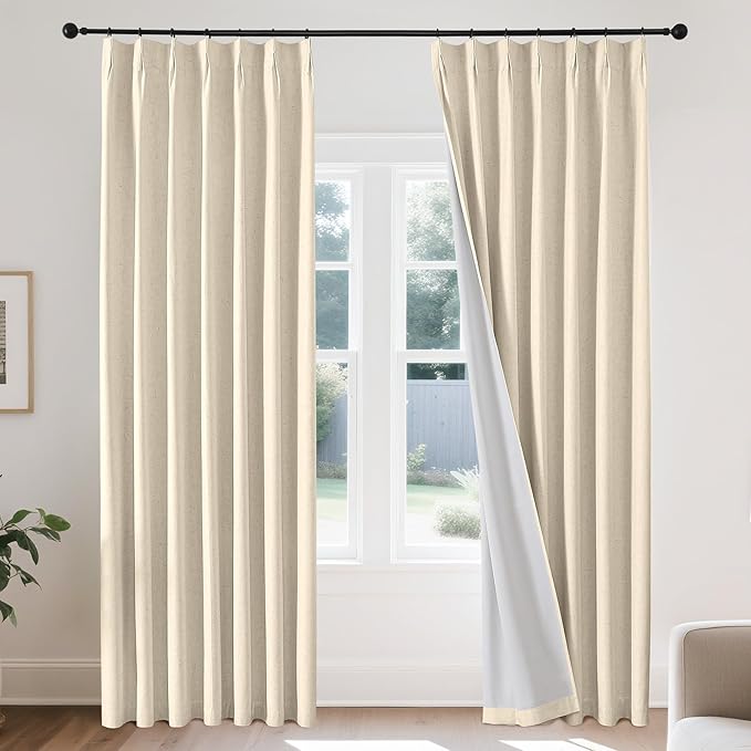 Joydeco 100% Blackout Pleated Curtains, Linen Window Curtains 2 Panel Sets 108 inches Long, Thermal Insulated Darkening Drapes for Bedroom(Bleached Sand,40'' Wx108'' L)