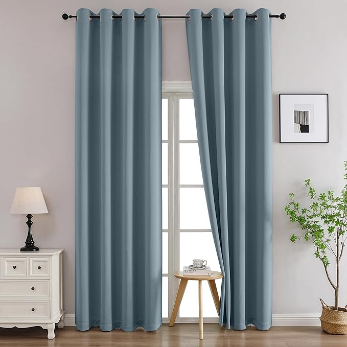 Simplebrand Stone Blue Curtains for Bedroom Living Room 96 Inches Long 2 Panels Set, Room Darkening Thermal Insulated Curtains & Drapes, Solid Grommet Noise Reducing Window Treatment, W50 x L96 Inch