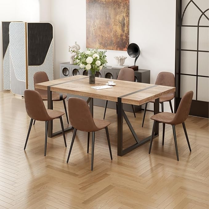 Dinner Table Set for 6, Modern 71'' Rectangle Wood Dining Table and Fabric Chairs Set of 6,Dining Table Set for 6 with Chairs, Ideal for Kitchen Dining Room
