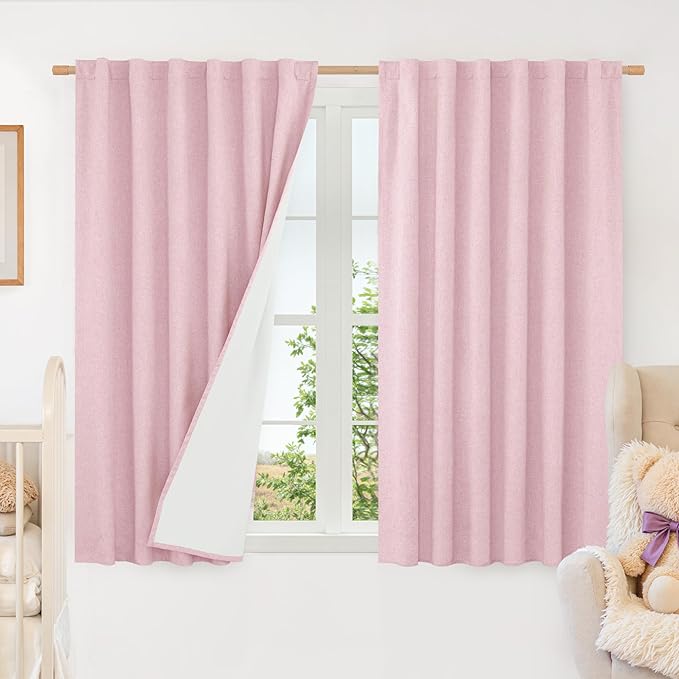 LAMIT Pink 100% Blackout Window Curtains for Girl Bedroom, 45 Inches Linen Textured Thermal Farmhouse Curtains Back Tab and Rod Pocket Window Panels with White Liner, 2 Panels, 52 x 45 Inch
