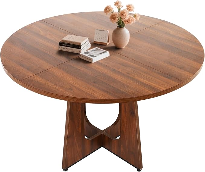 47-Inch Round Dining Table, Modern Simple Farmhouse Style Wooden Circle Dining Table, Joint Dinner Table Set for 4-6 People, Used in Kitchen, Living Room, Meeting Room (Walnut)