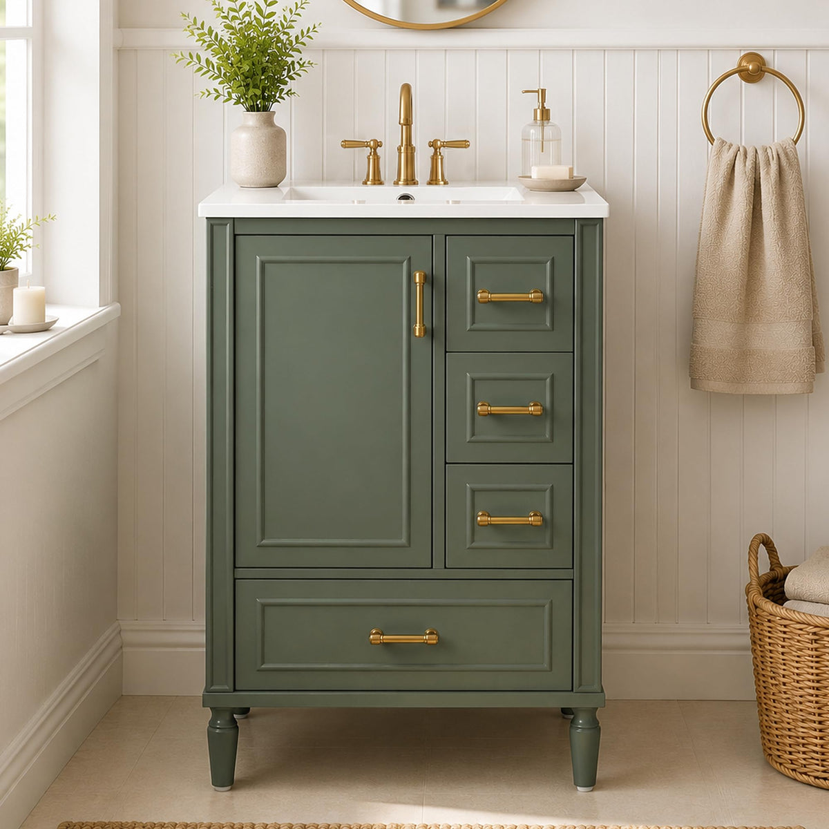 LUMISOL 24 Inch Bathroom Vanity with Sink, Modern Freestanding Bathroom Cabinet with Ceramic Sink, Soft Close Door, 3 Drawers & Door Storage Shelves, Solid Wood Frame, Olive Green