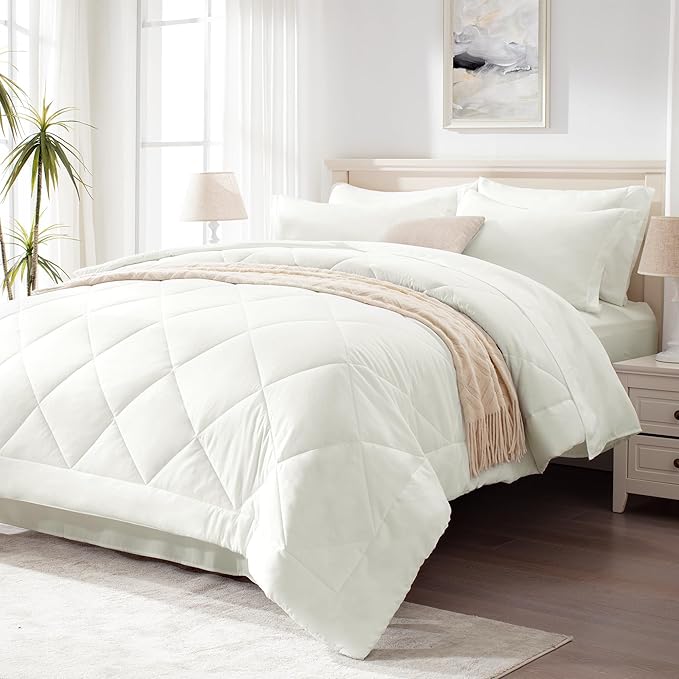Love's cabin Twin XL Comforter Set Ivory, 5 Pieces Twin XL Bed in a Bag, All Season Bedding Sets with 1 Comforter, 1 Flat Sheet, 1 Fitted Sheet, 1 Pillowcase and 1 Pillow Sham