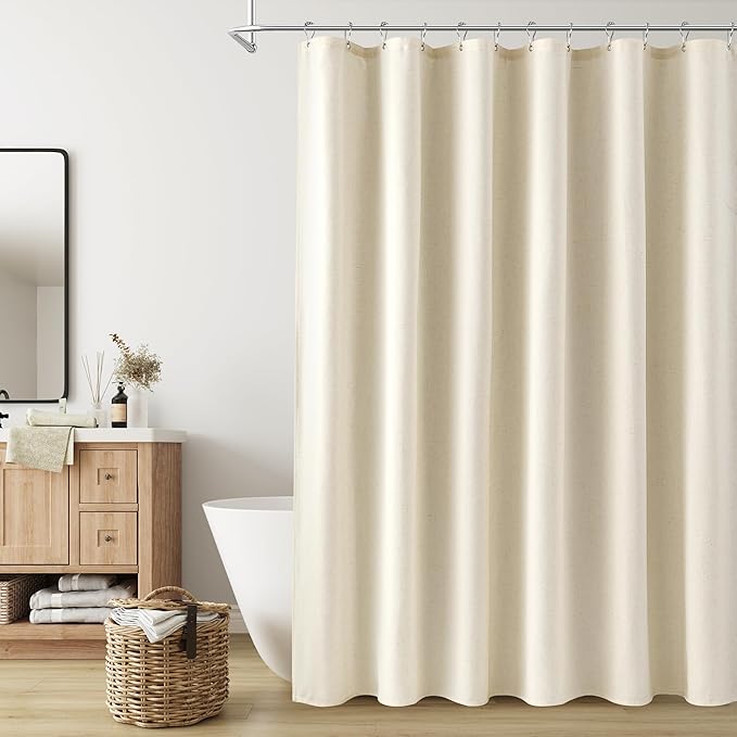 Naturoom Warm Beige Linen Shower Curtain, Country Boho Farmhouse Bath Decor Shower Curtains Neutral Cloth Weighted Textured Fabric Bath Curtain Liner with Hooks, 72x72