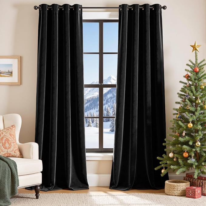 Lazzzy Velvet Blackout Curtains Black Thermal Insulated Drapes for Bedroom Living Room Window Treatments Super Soft Luxury Grommet 84 Inches Long 2 Panels