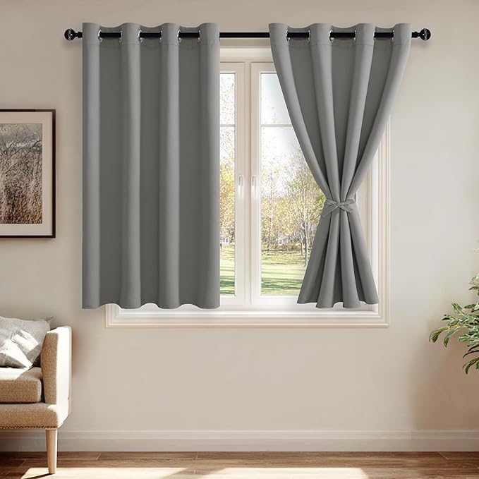 JIUZHEN Light Grey Blackout Curtains with Tiebacks Thermal Insulated, Light Blocking and Noise Reducing Grommet Curtain for Bedroom and Living Room, Set of 2 Window Curtain Panels, 52 x 45 Inch Length
