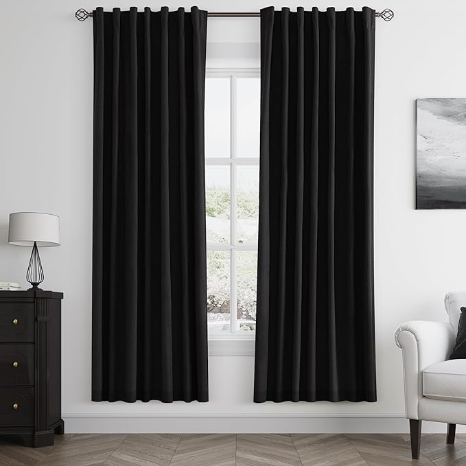 Guken Black Linen Blackout Curtains 72 Inch Length 2 Panels Set for Living Room Bedroom Back Tab Thermal Insulated 100% Black Out Linen Drapes Room Darkening Window Curtains 72 Inches Long