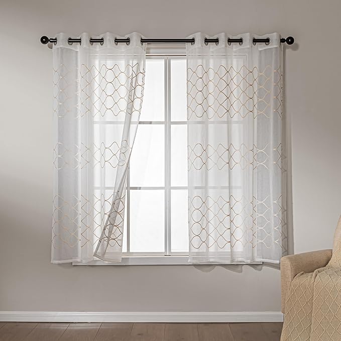 Amazon Basics 2-Piece Embroidery Sheer Curtain Set, Light Filtering Hollow Drapes for Living Room and Bedroom, 42" W × 63" L, White Scale