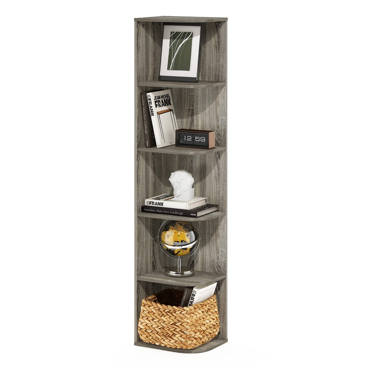 Furinno PASIR Book Shelf, 5-Tier Corner Bookshelf with Open Shelf, Standing Bookcase, 9.3 x 12 x 51.7, for Organization and Storage, for Living Room, Bedroom, Home Office, French Oak