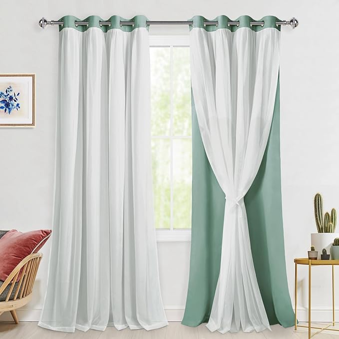 Hiasan Light Sage Green Blackout Curtains for Bedroom, Mix & Match Double Layer Thermal Insulated Privacy Grommet Window Curtains for Living Room,2 Drape Panels with Tiebacks,52W X 96L
