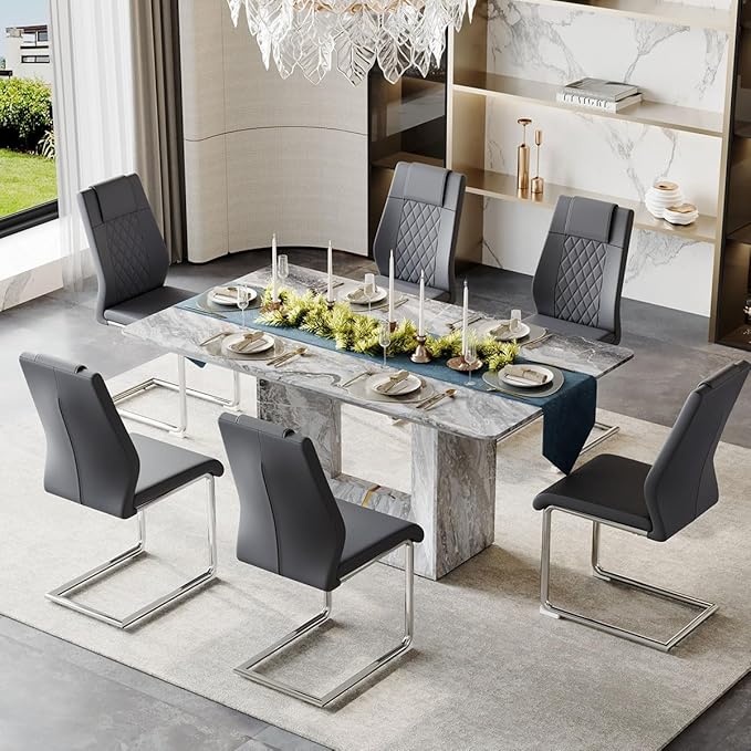 Dinner Table Set for 6, 7 Piece Dining Table Set with Chairs, 63" Faux Marble Modern Table with 6 PU Leather Upholstered Chairs, for Kitchen & Dining Room