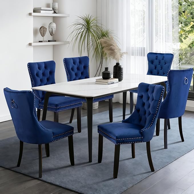 SoarFlash Velvet Dining Chairs Set of 6, Tall Back Side Chair, Modern Upholstered High-end Tufted Side Chair with Button Back Ring, Solid Wood Legs (Blue)