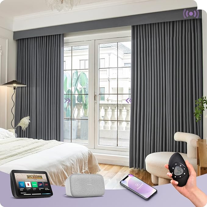 Graywind Rechargeable Smart Curtains Compatible with Alexa App Remote Control Motorized Drape for Sliding Door One-Way or Split Draw, Custom Width Up to 220" (Iron Grey)