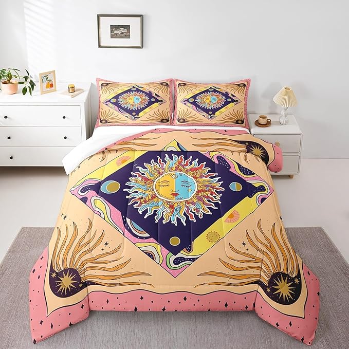 Manfei Starry Sky Galaxy Trippy Comforter Set Twin,Sun Moon Bedding Set 2pcs for Kids Teens Adults Room Decor,Geometric Boho Exotic Comfy Quilt Set,Colorful Vintage Duvet Insert with 1 Pillowcase