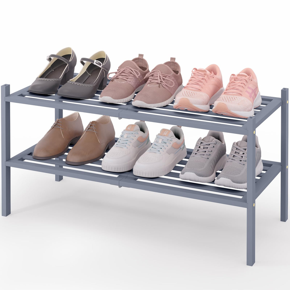 Smiry Bamboo Shoe Rack, 5 Horizontal Slats, 2 Tier - 26.8" Wide, Grey