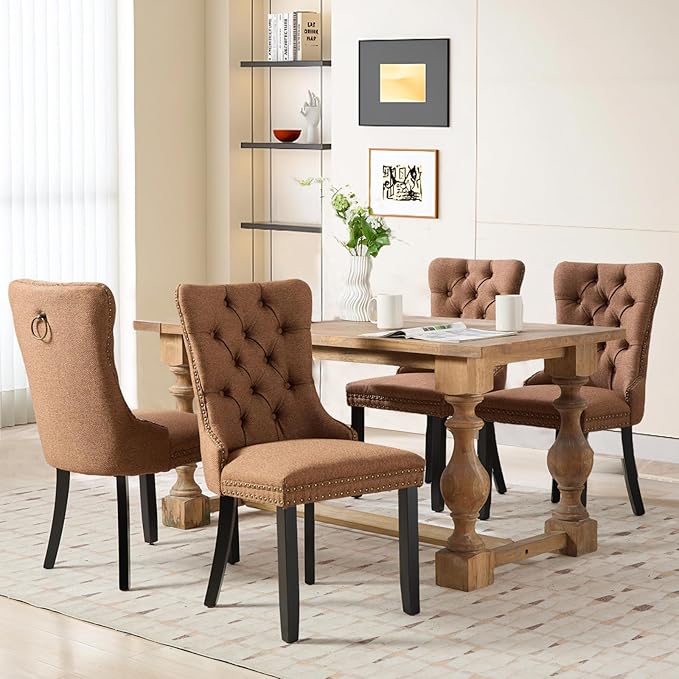 SoarFlash Linen Fabric Dining Chair Set of 4, Upholstered Tufted Dining Room Chair with Nailhead Trim and Solid Light Color Wood Leg for Kitchen (Coffee)