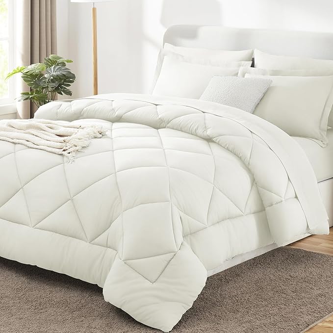 CozyLux King Size Comforter Set Ivory - 7 Pieces Bed in a Bag King, Luxury Soft Bed Set for All Seasons, Bedding Set with Down Alternative Comforter, Sheets, Pillowcases & Shams