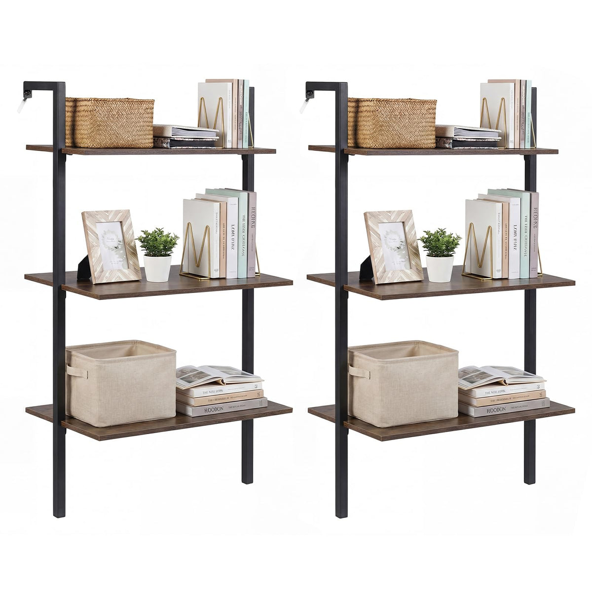 GIANTEX Ladder Shelf Set of 2, 3-Tier Wood Wall Mounted Bookshelf with Metal Frame, Industrial Open Storage Rack and Display Shelves, Wooden Floating Shelving Unit for Living Room, Office