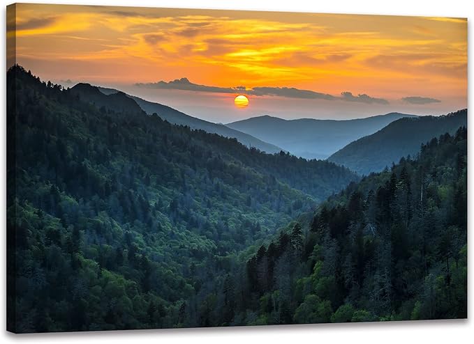 SKASNFAI Nature Landscape Canvas Wall Art Great Smoky Mountains Blue Ridge Mountains Wall Decor Forest Sunrise Pictures Framed for Living Room Bedroom (12x16 inch)
