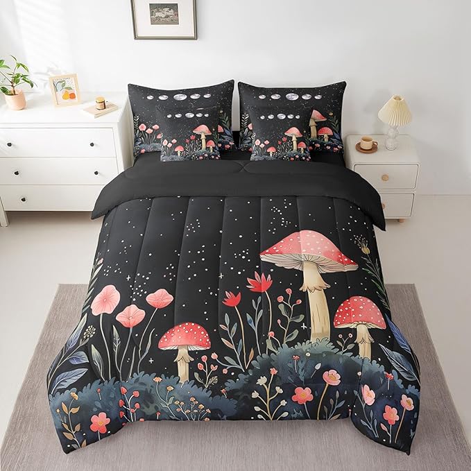 Feelyou Gothic Nature 7 Piece Bedding Set Full Size Flower Mushroom Comforter Set with Sheets for Teens Boys Girls Bedroom Decor Rustic Garden Bed in a Bag Soft Reversible Bed Set