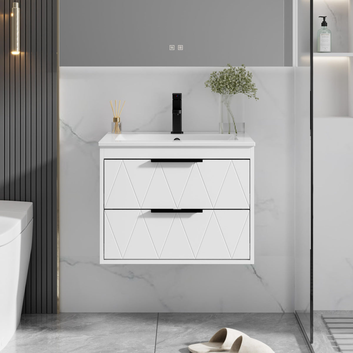 eclife 24" Floating Bathroom Vanity with Sink Combo, Modern Wall-Mounted Vanities Cabinet W/Decor Lines, Soft-Closing Drawers, Single White Sink, Faucet & Drain, White