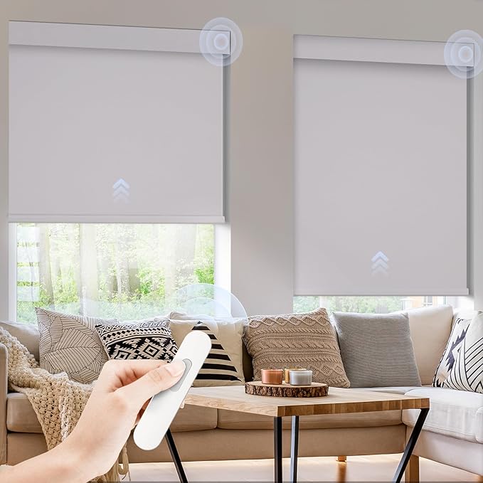 Motorized Blinds with Remote,Solar Panel Rechargeable Roller Shades,Automatic Blinds for Indoor Windows, Horizontal Wireless Electric Cordless Blinds with Cover Custom White