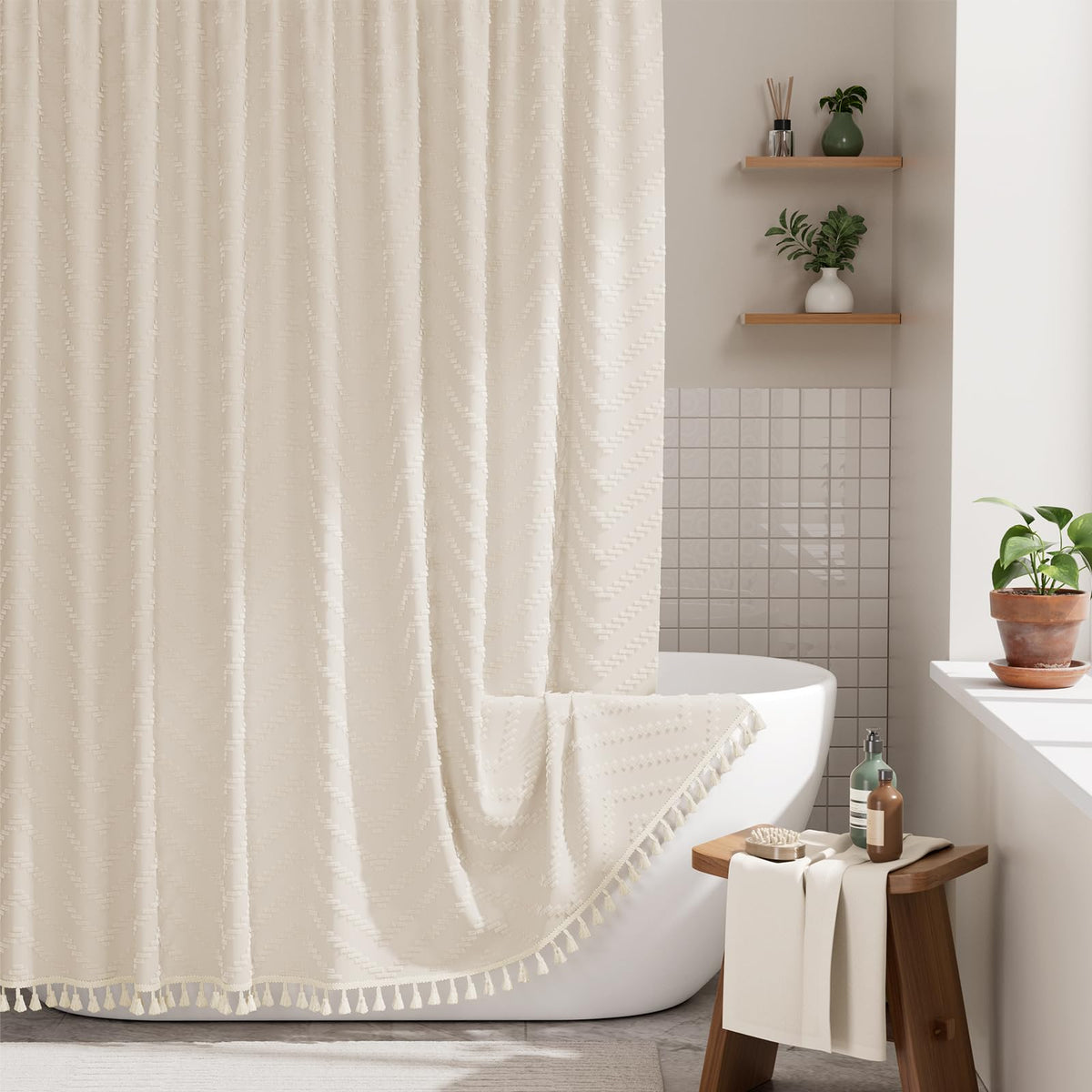 AmazerBath Boho Farmhouse Shower Curtain with Tassels, Beige Shower Curtain Set Fabric, Soft Cloth Chevron Rustic Shower Curtain with Hooks, Hotel Quality, 72x72 Inches