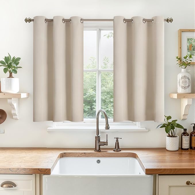 YoungsTex Short Blackout Curtains for Bedroom 40 Inches Length - Grommmet Room Darkening Thermal Insulated Drapes for Bathroom Kitchen Window, Champagne, 2 Panels, 42 x 40 Inch