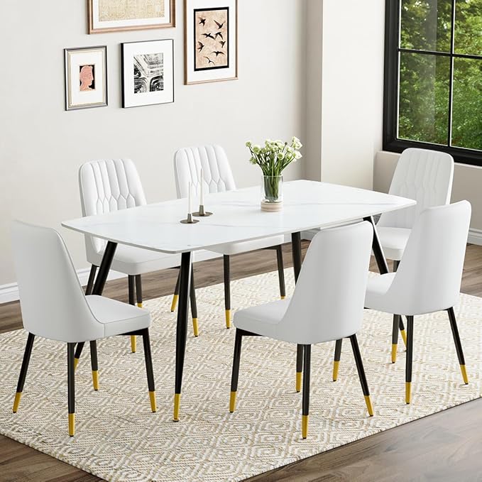 Modern Dining Table Set for 6, Dining Table Chairs Set of 6, Sintered Stone Kitchen Table Top and Modern Chairs Set of 6 for Kitchen Dining Room