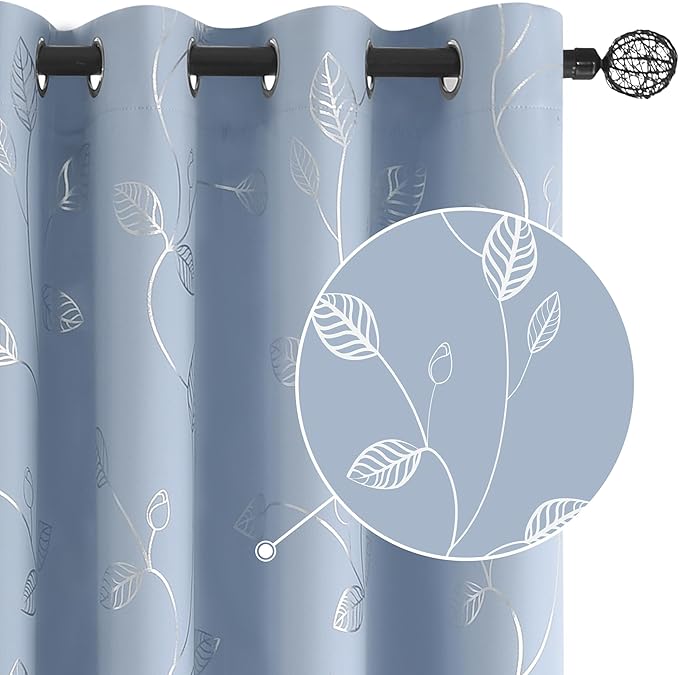 BUHUA Wave Silver Leaf Print Blackout Curtains for Living Room Darkening Curtains Light Blocking Curtains for Bedroom 66W×63L Baby Blue 2 Panels