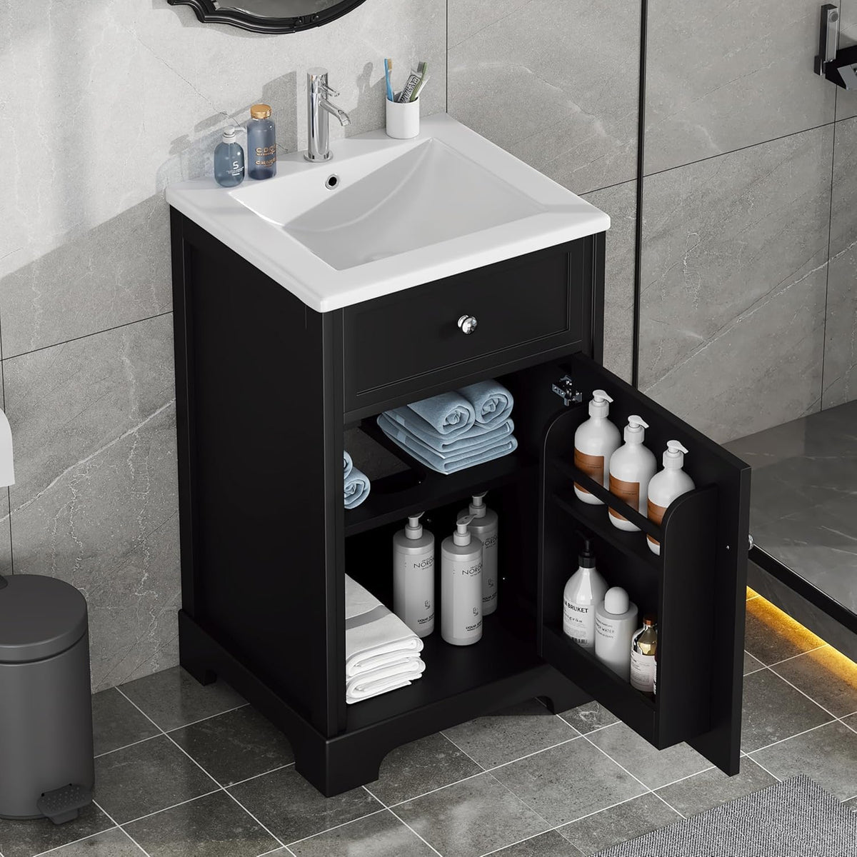 Virubi 20 in Small Bathroom Vanity with Sink,Soft Closing Door and Adjustable Shelf, Solid Wood Frame & MDF Modern Single Bathroom Sink Cabinet,Freestanding (Black)