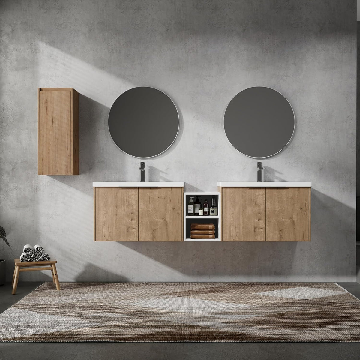 Nimaolt 72" Double Sink Bathroom Vanity Modern Wall-Mounted Bathroom Vanity with Sink 72-Inch Floating Bathroom Vanities Set with 1 White Open Storage Shelf & 1 Side Cabinet, Natural Oak