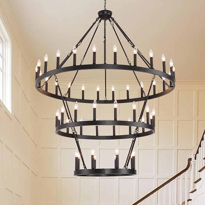 53" W Extra Large Black Wagon Wheel Chandelier, 3 Tier 48-Light Farmhouse Pendant Light Fixture for High Ceilings, Industrial Round Chandeliers for Dining Room Stairs Entryway Foyer, E12