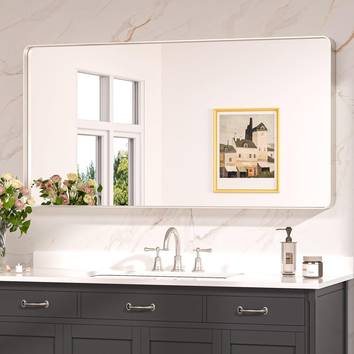 Keonjinn 48 x 24 Inch Brushed Nickel Bathroom Vanity Mirror, Aluminum Frame