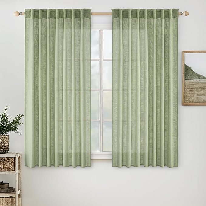 MIULEE Sage Green Linen Curtains 63 Inch Length 2 Panels for Bedroom Living Room, Soft Thick Linen Textured Window Drapes Semi Sheer Light Filtering Back Tab Rod Pocket Burlap Look Decor