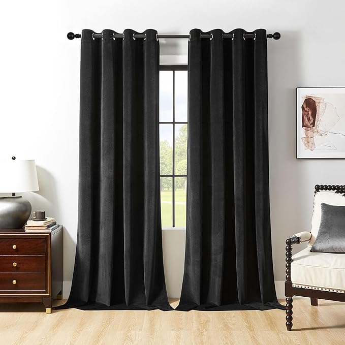 Joydeco Black Velvet Curtains 108 Inches Long, Luxury Grommet Blackout Curtain 2 Panels, Thermal Insulated Privacy Room Darkening Window Drapes for Bedroom Living Room Home Theatre (52Wx108L)