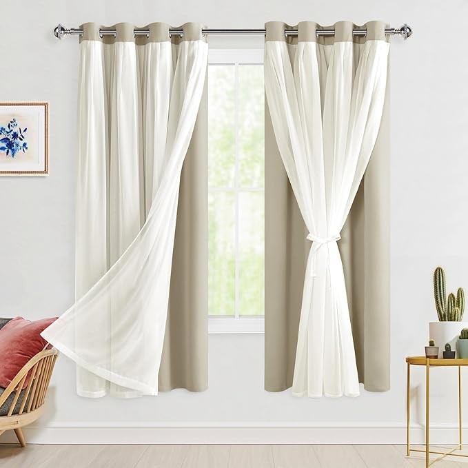 Hiasan Blackout Curtains with Sheer Overlay, Grommet Thermal Insulated Privacy Mix and Match Double Layer Window Curtains for Bedroom, Living Room, 2 Drape Panels Sewn with Tiebacks, Taupe, 52W X 63L