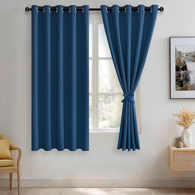 JIUZHEN Classic Blue Blackout Curtains with Tiebacks Thermal Insulated, Light Blocking and Noise Reducing Grommet Curtains for and Living Room, Set of 2 Window Curtain Panels, 60 x 63 Inch Length