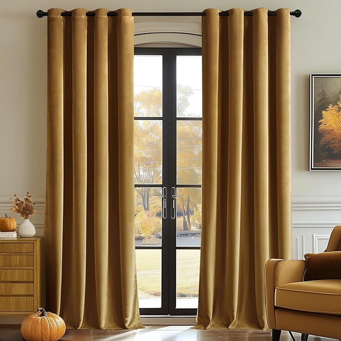 MIULEE Velvet Curtains Gold Elegant Grommet Curtains Fall Thermal Insulated Soundproof Room Darkening Drapes for Classical Living Room Bedroom Decor 52 x 84 Inch Set of 2