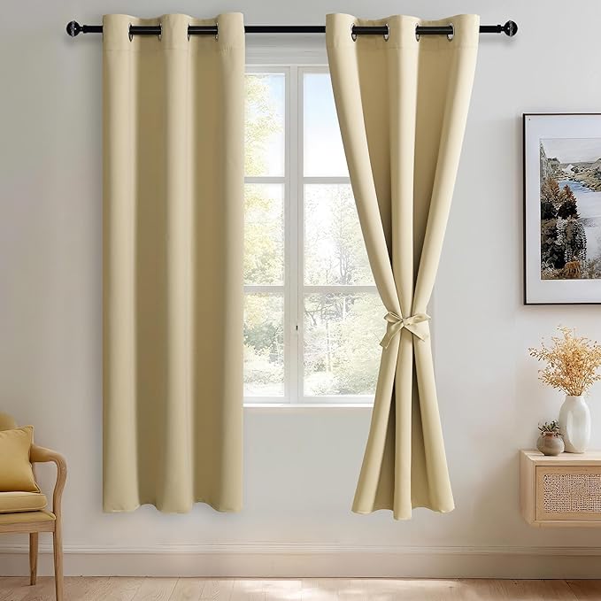 JIUZHEN Light Beige Blackout Curtains with Tiebacks - Thermal Insulated, Light Blocking and Noise Reducing Grommet Curtains for Bedroom and Living Room, Set of 2 Panels, 42 x 72 Inch Length