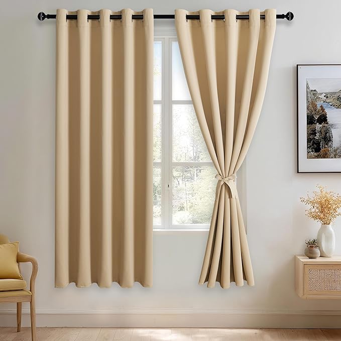 JIUZHEN Beige Blackout Curtains with Tiebacks - Thermal Insulated, Light Blocking and Noise Reducing Grommet Curtains for Bedroom and Living Room, Set of 2 Window Curtain Panels, 60 x 72 Inch Length