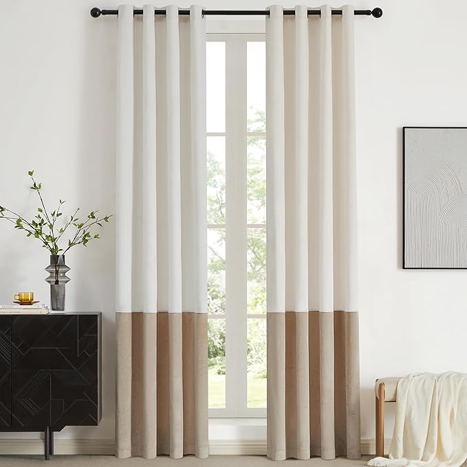 BULBUL Color Block Window Curtains Panels 120 inches Long Cream Ivory Champagne Velvet Farmhouse Drapes for Bedroom Living Room Darkening Treatment with Grommet Set of 2