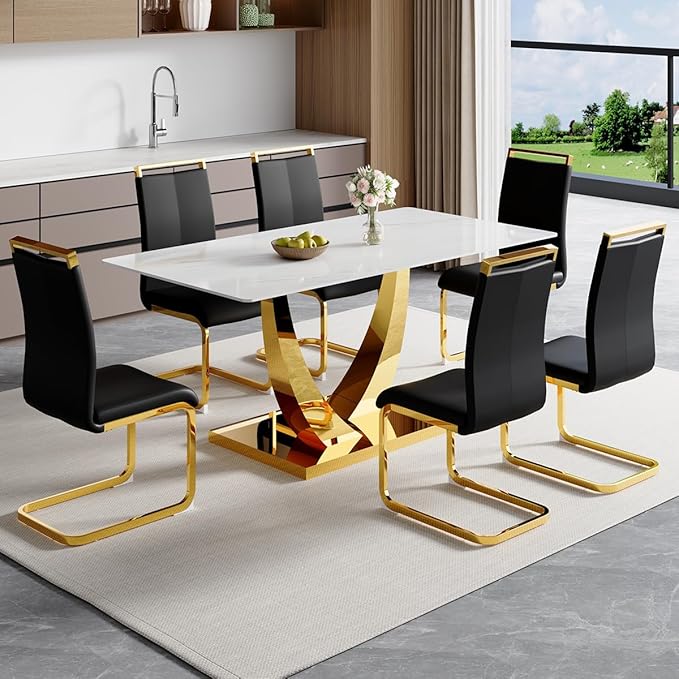 63” Dining Room Table Set for 6,Modern Gold Dining Table Set for 6 with Leather Chairs, White Faux Marble Dinner Table Set with Tempered Glass Top and Golden Base