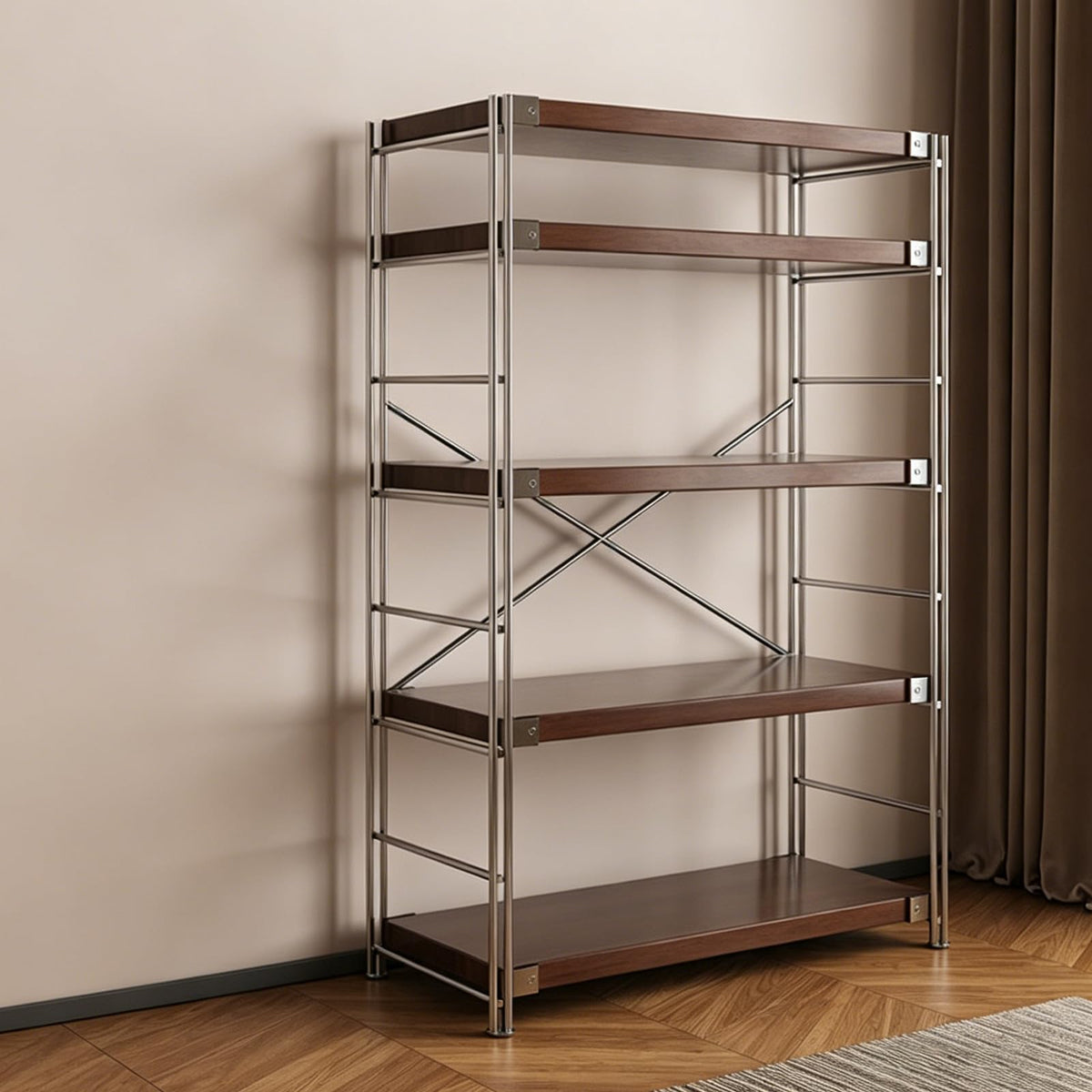 Industrial Bookshelf Adjustable,Rack With Storage Industrial Bookshelf，Modern Open Shelving Unit Book Shelves, Freestanding Wood & Metal Display Shelves, Living Room Storage Organizer, For Bedroom