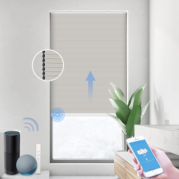 THIRDREALITY ZigBee Smart Blind, Motorized Blackout Window Shades with Remote, Cordless Honeycomb Blinds, Automatic Height Setting, AA Batteries Powered, 32" W x 72" H Beige/White