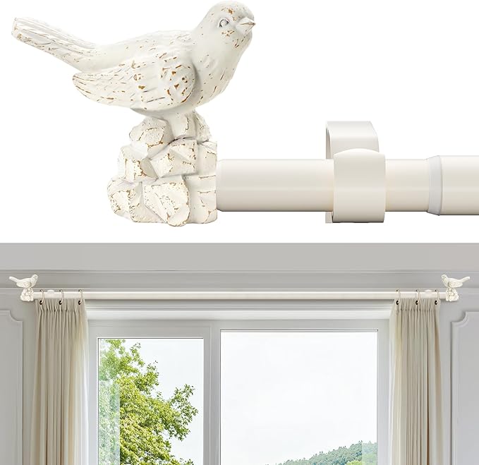 White Curtain Rod 48 to 90 Inches Curtain Rods for Windows Adjustable Heavy Duty Drapery Rod with Bird Finials for Kitchen Window Living Room