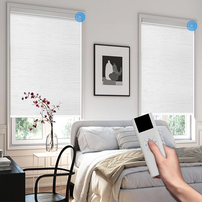 Motorized Blinds with Remote Cordless Automatic Motorized Shades Custom Blinds for Windows Smart Curtains Compatible with Alexa Google Home(Blackout Jacquard White,W39 x H72in)