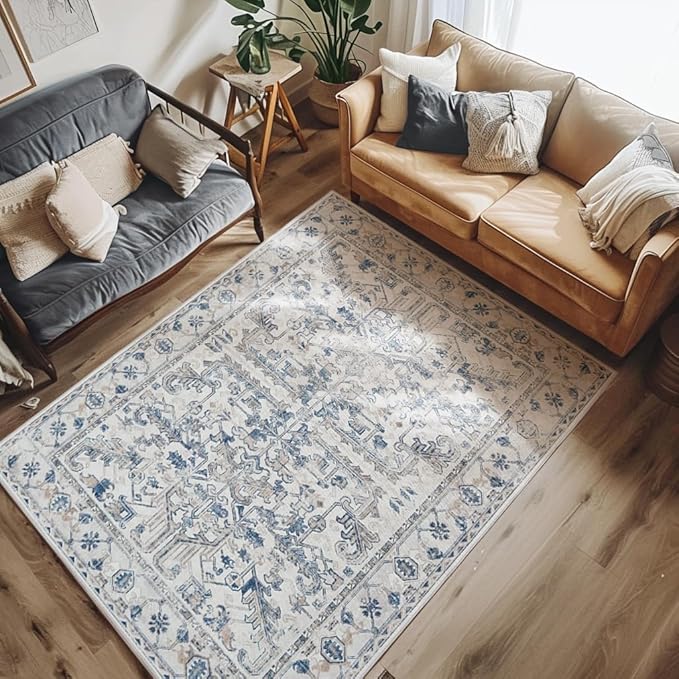 jinchan Lima Machine Washable Area Rugs 4x6 - Vintage Floral Stain Resistant Low Pile Ultra-Thin Non Slip Accent Rug for Bedroom Living Room Kitchen Dining Room Entryway (4x6ft, Blue)