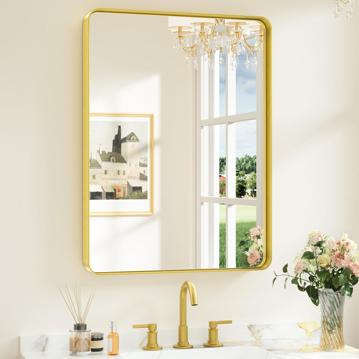 Keonjinn 24 x 32 Inch Brushed Gold Bathroom Vanity Mirror, Tempered Glass