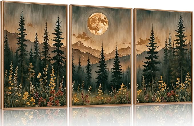 HOURIA Vintage Boho Nature Moonlight Forest Mountain Framed Canvas Wall Art Set,Wilderness Dark Moon Woodland Floral Decor,Retro Wildflower Field Landscape Artwork for Living Room,Farmhouse-24 x36 x3